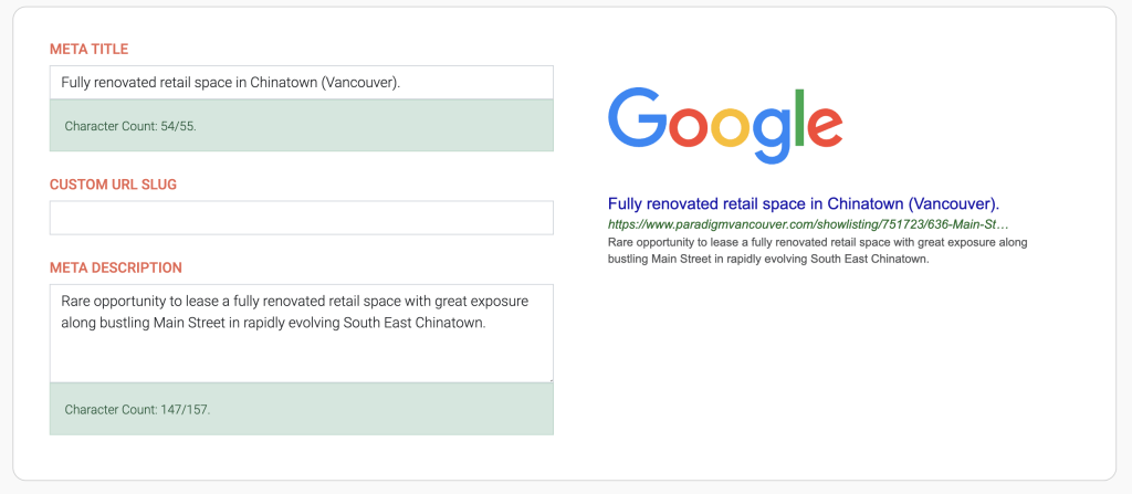 Meta title and description set for real estate listing
